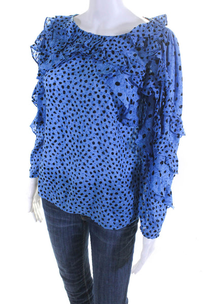 Rebecca Taylor Women's Silk Ruffle Trim Polka Dot V-Neck Blouse Blue Size 2