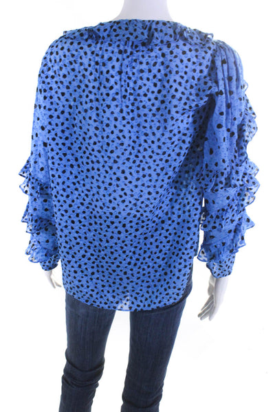 Rebecca Taylor Women's Silk Ruffle Trim Polka Dot V-Neck Blouse Blue Size 2