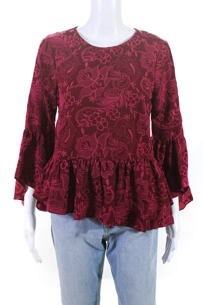 Devlin Womens Floral Embroidred Flounce Sleeve Ruffled Hem Top Red Pink Size XS