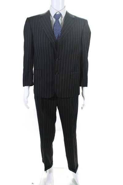 Canali Mens Pinstripe Tapered Leg Two Button Suit Black Wool Size IT 50