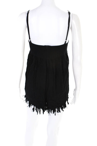 UNIF Womens Scoop Neck Spaghetti Strap Pleated Fringed Romper Black Size XS