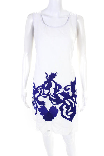 Roberta Freymann Womens Linen Abstract Embroidered Hem A-Line Dress White Size M