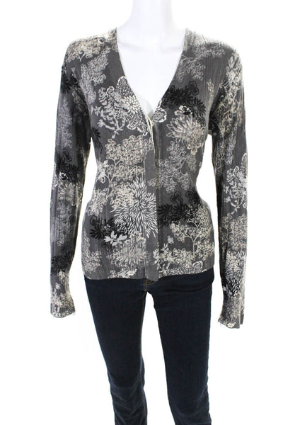 Elie Tahari Womens Thin-Knit Floral Print Button Down V-Neck Shirt Gray Size S