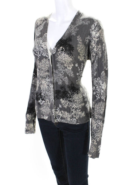 Elie Tahari Womens Thin-Knit Floral Print Button Down V-Neck Shirt Gray Size S