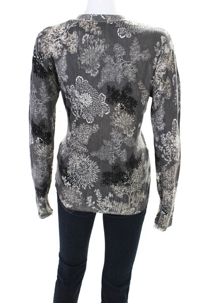 Elie Tahari Womens Thin-Knit Floral Print Button Down V-Neck Shirt Gray Size S