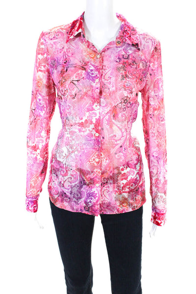 T Tahari Womens Chiffon Paisley Print Long Sleeve Button Down Blouse Pink Size S