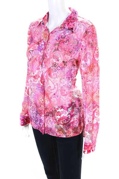 T Tahari Womens Chiffon Paisley Print Long Sleeve Button Down Blouse Pink Size S