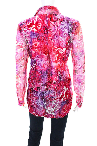 T Tahari Womens Chiffon Paisley Print Long Sleeve Button Down Blouse Pink Size S