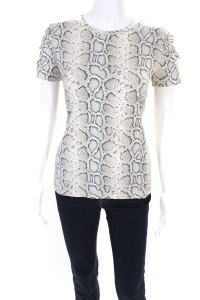 Elie Tahari Womens Cotton Python Print Short Sleeve Crewneck Shirt Ivory Size S