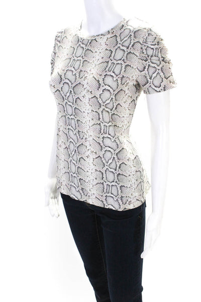 Elie Tahari Womens Cotton Python Print Short Sleeve Crewneck Shirt Ivory Size S