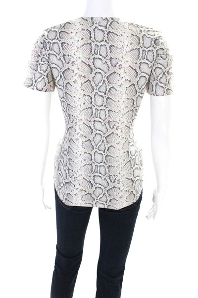 Elie Tahari Womens Cotton Python Print Short Sleeve Crewneck Shirt Ivory Size S