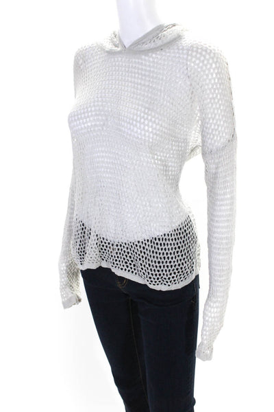 Elie Tahari Womens Open Thin-Knit Long Sleeve Hooded Crop Top Light Gray Size S