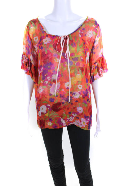 Le Shack By Tracy Feith Womens 100% Silk Tied Floral Blouse Orange Purple Size 2