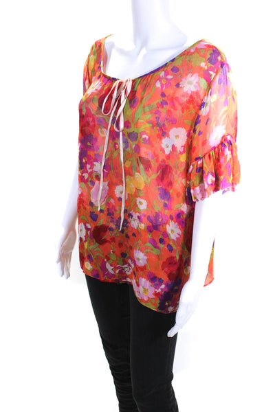 Le Shack By Tracy Feith Womens 100% Silk Tied Floral Blouse Orange Purple Size 2