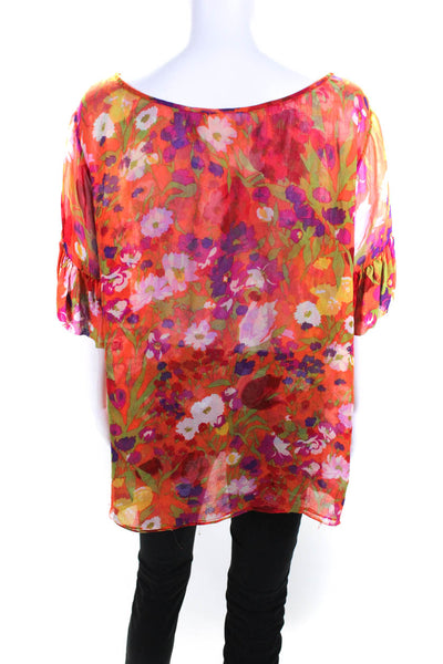 Le Shack By Tracy Feith Womens 100% Silk Tied Floral Blouse Orange Purple Size 2