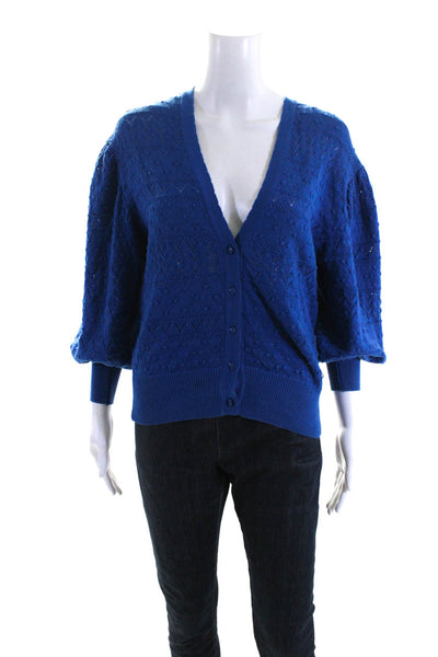 Rodier Womens Knit Button Down Cardigan Sweater Blue Cotton Size Medium