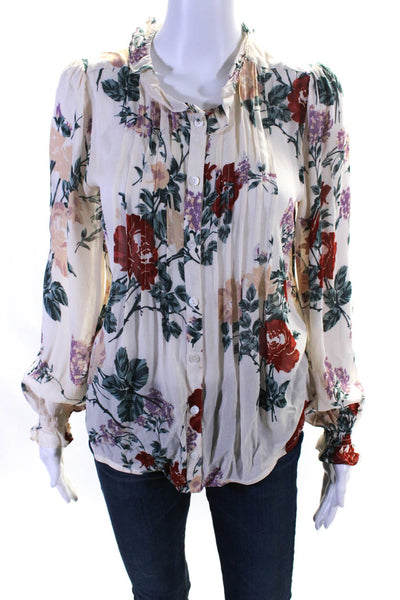 Kivari Womens Floral Print Long Sleeve Button Up Blouse Top Beige Size XS