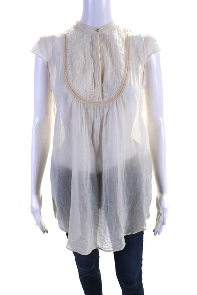 Cotelac Womens Cotton Sheer Panel Short Sleeve Blouse Top Beige Size 1 M