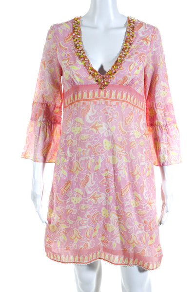 Tibi Womens Paisley Print Beaded V Neck Dress Pink Yellow Cotton Size 6