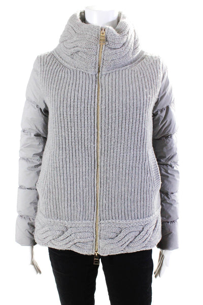Herno Womens Cable Knit Full Zip Turtleneck Puffer Coat Gray Size EU 40