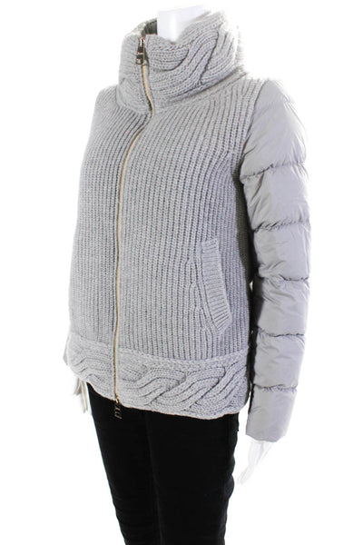 Herno Womens Cable Knit Full Zip Turtleneck Puffer Coat Gray Size EU 40