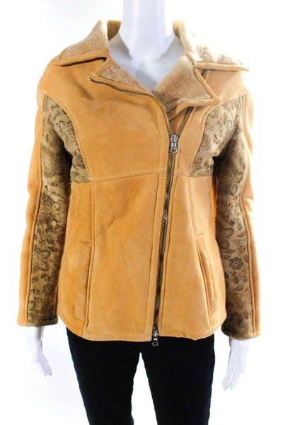 Flora Smith Womens Laser Cut Merino Shearling Asymmetrical Jacket Tan Size IT 40