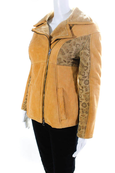 Flora Smith Womens Laser Cut Merino Shearling Asymmetrical Jacket Tan Size IT 40