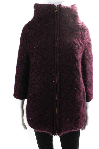 Herno Womens Cable Knit Sequin 3/4 Sleeve Coat Jacket Burgundy Size EU 42