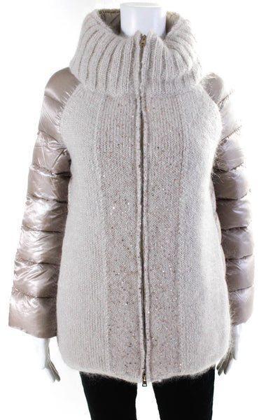 Herno Womens Knit Mohair Sequin Turtleneck Full Zip Puffer Coat Beige Size EU 40