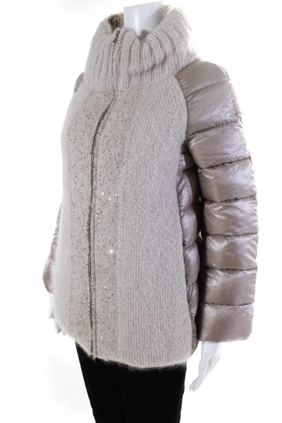 Herno Womens Knit Mohair Sequin Turtleneck Full Zip Puffer Coat Beige Size EU 40