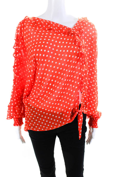 Alberto Makali Womens Polka Dot Ruche Ruffled Tied Hem Blouse Orange Size XS