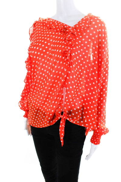 Alberto Makali Womens Polka Dot Ruche Ruffled Tied Hem Blouse Orange Size XS