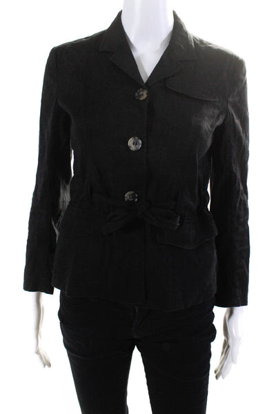 Theory Womens Linen Buttoned Tied Belted Collared Long Sleeve Top Black Size 2