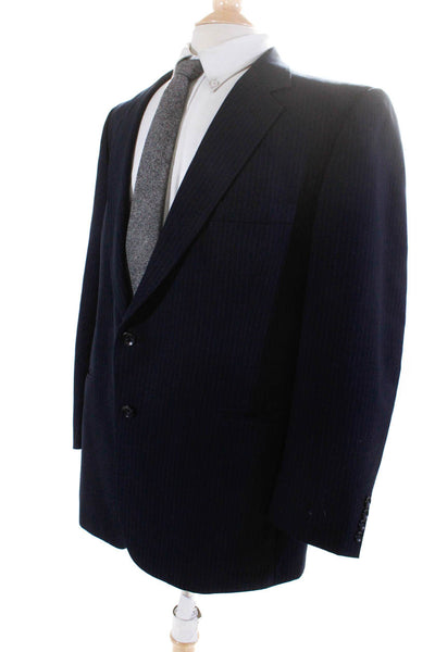 Halston Mens Pinstripe Notch Collar V-Neck Two Button Suit Jacket Navy Size 44R