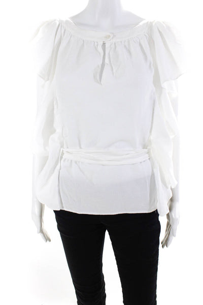 Escada Womens Cotton Round Neck Ruffle Sleeve Blouse Top White Size 40 M
