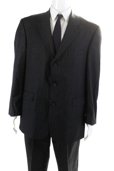 Stafford Mens Wool Striped Buttoned Collared Blazer Pants Set Black Size EUR36L