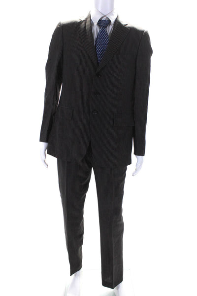 Isaia Mens Pinstriped Woven Three Button Slim Leg Suit Brown Size IT 50