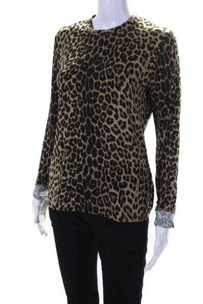 Brooks Brothers Womens Long Sleeve Crew Neck Leopard Tee Shirt Brown Size Small