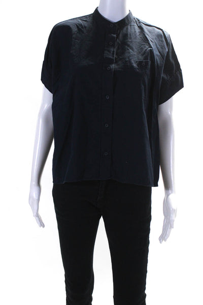 Everlane Womens Button Front Short Sleeve Collarless Shirt Blue Cotton Size 0