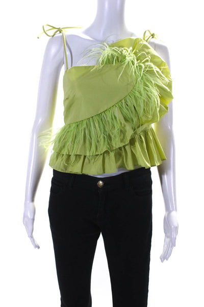 Tanya Taylor Womens Spaghetti Strap Feather Trim Square Neck Top Green Size 0