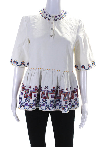 Suno Womens Half Sleeve Crew Neck Embroidered Trim Top Shirt White Cotton Size 4