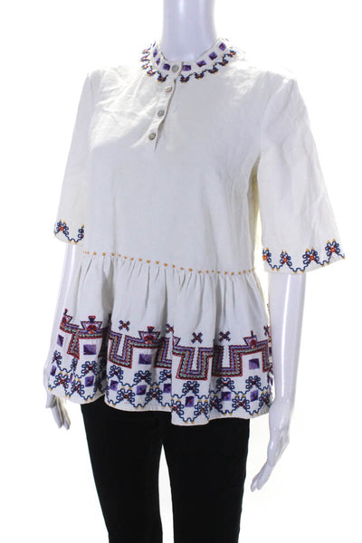 Suno Womens Half Sleeve Crew Neck Embroidered Trim Top Shirt White Cotton Size 4
