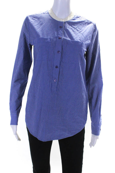 Equipment Femme Womens Button Front Striped Collarless Shirt Blue White Size XS