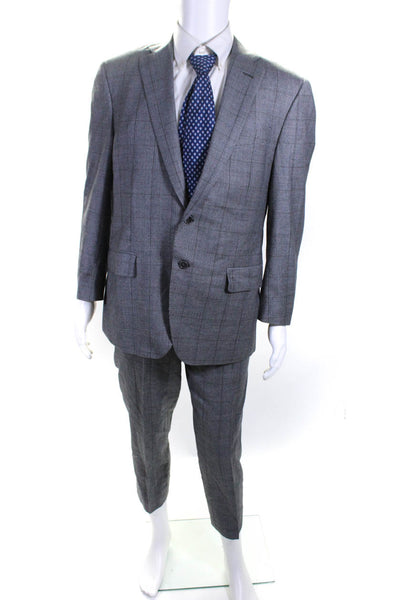 Trussini Mens Gray Wool Plaid Two Button Long Sleeve Blazer Pants Set Size 52