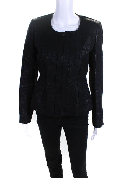 Elie Tahari Womens Black Cotton Textured Full Zip Long Sleeve Jacket Size 8