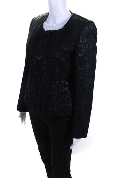 Elie Tahari Womens Black Cotton Textured Full Zip Long Sleeve Jacket Size 8