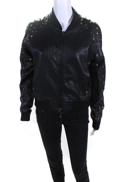 BLANKNYC Womens Faux Leather Studded Crew Neck Short Bomber Jacket Black Size S