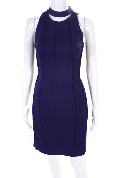 T Tahari Womens Side Striped High Neck Cut Out Flared Sheath Dress Purple Size 6