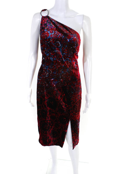 Elie Tahari Silk Velvet Paisley Print One Shoulder Split Hem Dress Red Size 6
