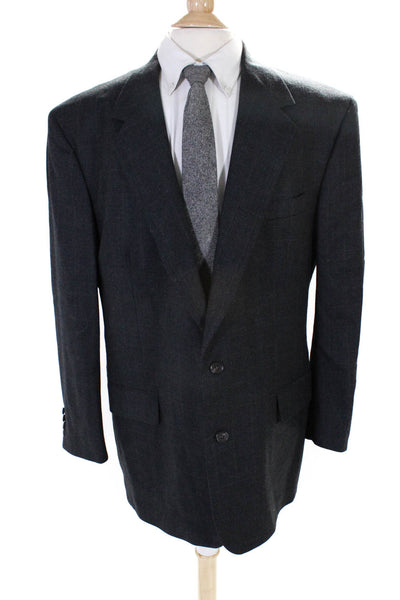 Brooks Brothers Mens Wool Grid Print V-Neck Two Button Suit Jacket Navy Size 46L